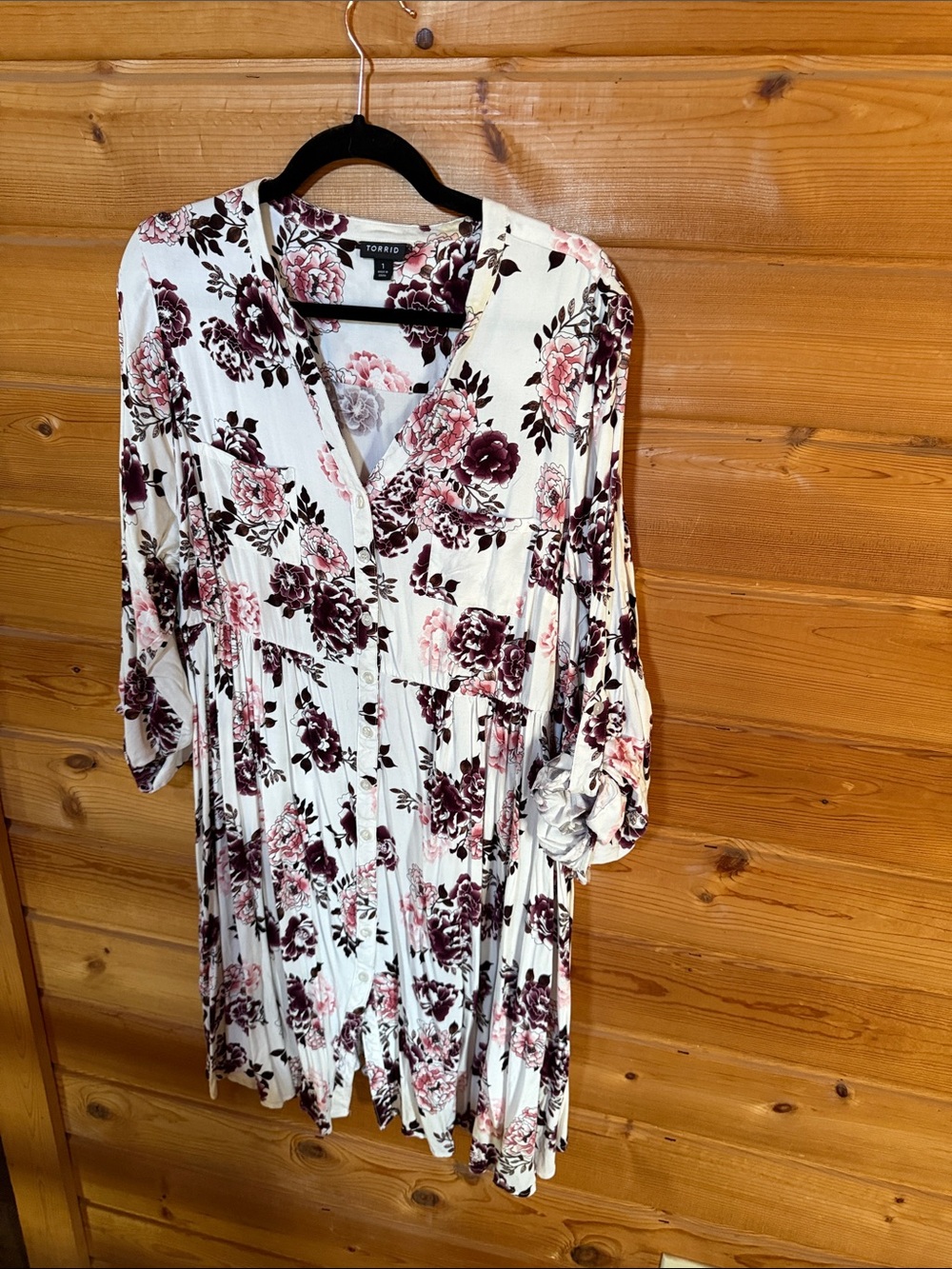 torrid Cream Floral Button-Front Tunic with Wine & Blush Blooms